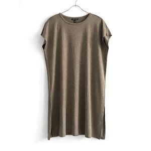 Eileen Fisher Tencel Tunic Tan Tarragon Minimalist Relaxed Cap Sleeve L Soft